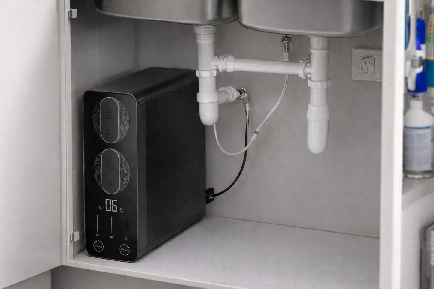 Black water filter under a kitchen sink with visible pipes and cabinet.