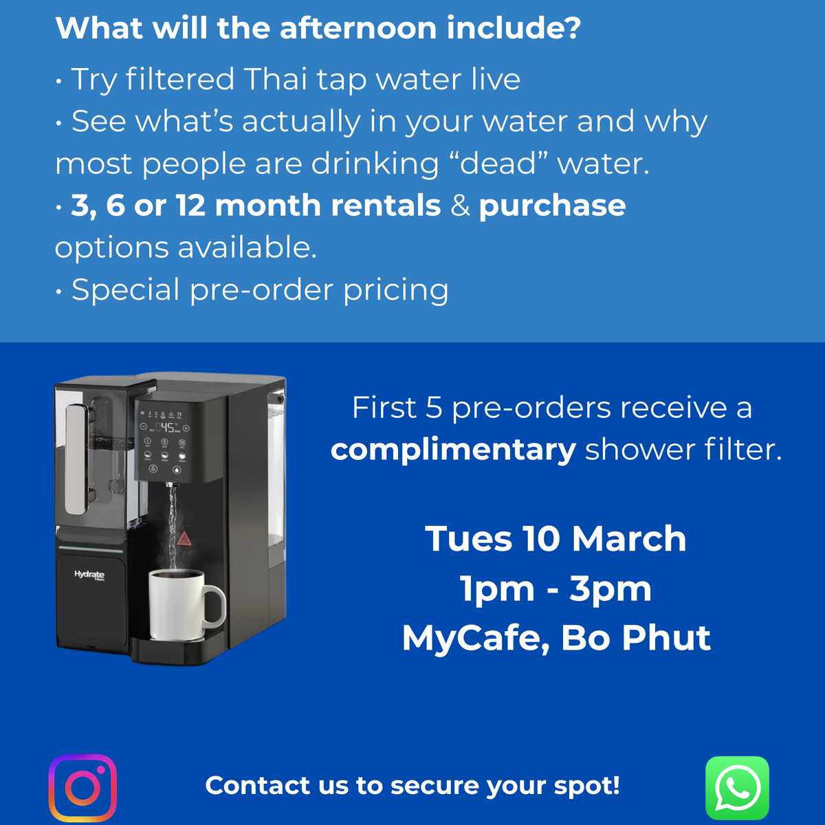 Advertisement for a water filter machine event with details on water filtration and product features.
