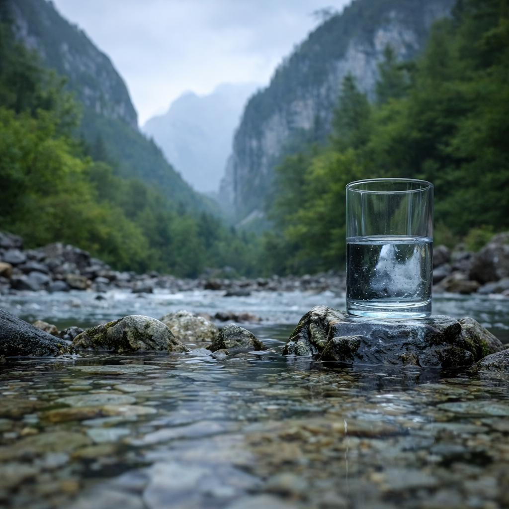 Clear glass of water on a rock in a mountainous landscape