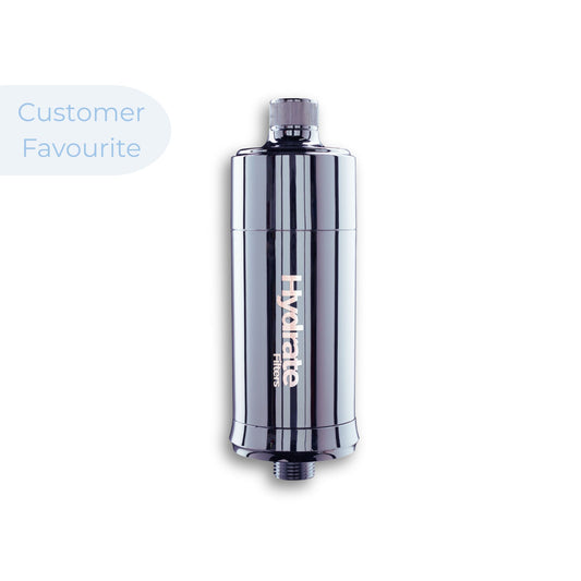 Chrome shower filter with 'Hydrate' branding on a white background