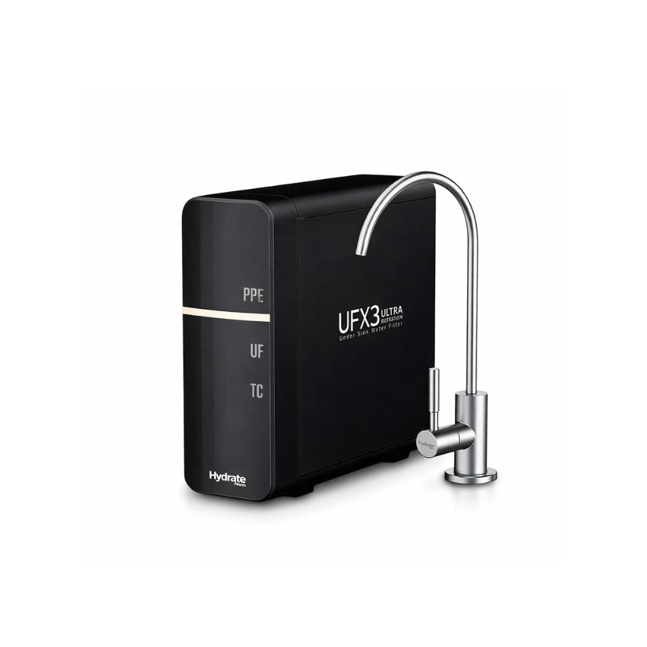 HydroNose UFX3 Ultra water purifier machine with a black body and a curved stainless steel faucet, shown on a white background.