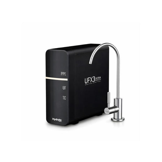 HydroNose UFX3 Ultra water purifier machine with a black body and a curved stainless steel faucet, shown on a white background.