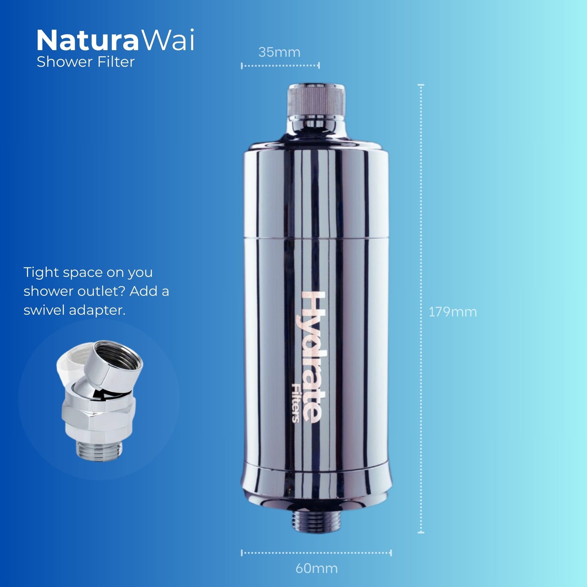 NaturaWai shower filter with dimensions and swivel adapter on a blue background