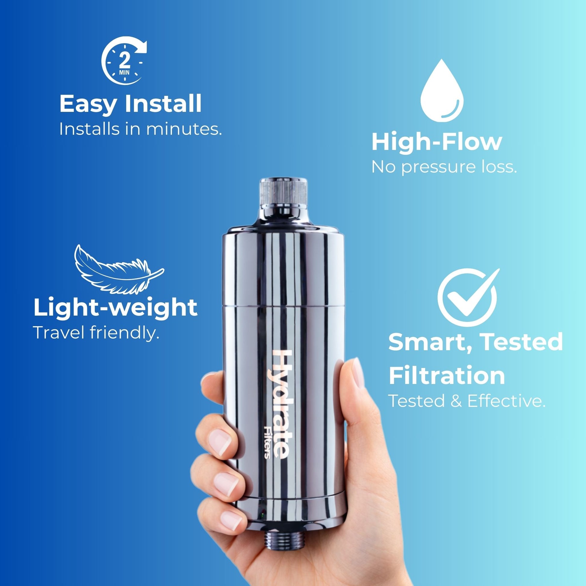 Hand holding a water filtration device with features listed on a blue background
