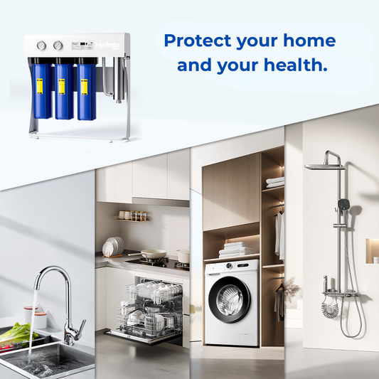 Collage of home appliances with a water filter and text 'Protect your home and your health.'